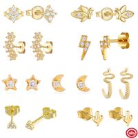 1 Pair Simple Style Cactus Moon Flower Plating Inlay Sterling Silver Zircon 18k Gold Plated Ear Studs main image 1