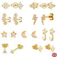 1 Pair Simple Style Cactus Moon Flower Plating Inlay Sterling Silver Zircon 18k Gold Plated Ear Studs main image 10