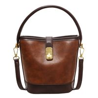 Women's Small Pu Leather Color Block Vintage Style Bucket Zipper Shoulder Bag Handbag Bucket Bag sku image 3