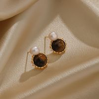 1 Pair Ig Style Retro Round Plating Metal Inlay Copper Natural Stone 18k Gold Plated Ear Studs main image 10