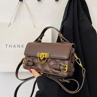 Women's Pu Leather Solid Color Vintage Style Sewing Thread Square Lock Clasp Handbag Square Bag sku image 4