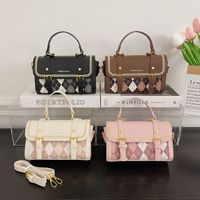 Women's Pu Leather Plaid Vintage Style Sewing Thread Square Magnetic Buckle Square Bag main image 4
