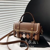Women's Pu Leather Plaid Vintage Style Sewing Thread Square Magnetic Buckle Square Bag sku image 4