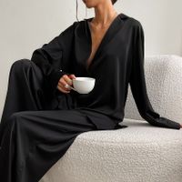 Zuhause Frau Einfacher Stil Einfarbig Imitierte Seide Elasthan Polyester Hosen-sets Pyjama Sets main image 5