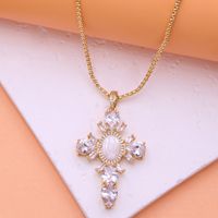 Glam Modern Style Shiny Cross Copper Plating Inlay Shell Zircon 18k Gold Plated White Gold Plated Pendant Necklace main image 4