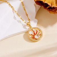 Titanium Steel 18K Gold Plated Vintage Style Plating Planet Moon Artificial Pearls Rhinestones Pendant Necklace sku image 7