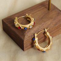 1 Pair Casual Simple Style Color Block Plating Inlay Titanium Steel Turquoise Glass Zircon 18k Gold Plated Hoop Earrings main image 4