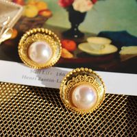 1 Pair Retro Round Inlay Copper Pearl Ear Studs main image 3