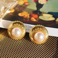 1 Pair Retro Round Inlay Copper Pearl Ear Studs main image 4