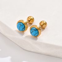 1 Pair Casual Simple Style Commute Round Inlay 201 Stainless Steel Artificial Gemstones Turquoise 18K Gold Plated Ear Studs main image 6