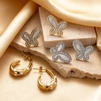 1 Pair French Style Simple Style Korean Style C Shape Butterfly Stainless Steel Zircon 18k Gold Plated Hoop Earrings Ear Studs main image 7