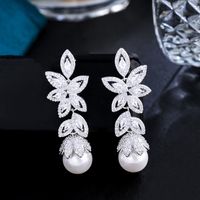 1 Pair Casual Elegant Plant Pearl Plating Inlay Copper Artificial Pearls Zircon Rhodium Plated Silver Plated Drop Earrings main image 4