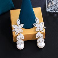 1 Pair Casual Elegant Plant Pearl Plating Inlay Copper Artificial Pearls Zircon Rhodium Plated Silver Plated Drop Earrings main image 5