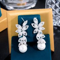 1 Pair Casual Elegant Plant Pearl Plating Inlay Copper Artificial Pearls Zircon Rhodium Plated Silver Plated Drop Earrings main image 8