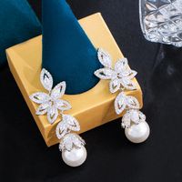 1 Pair Casual Elegant Plant Pearl Plating Inlay Copper Artificial Pearls Zircon Rhodium Plated Silver Plated Drop Earrings main image 6