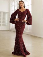 Women's Party Dress Elegant Luxurious V Neck Sequins Diamond Long Sleeve Solid Color Maxi Long Dress Banquet Evening Party Cocktail Party main image 3