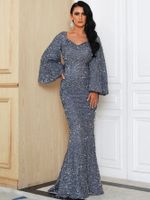 Women's Party Dress Elegant Luxurious V Neck Sequins Diamond Long Sleeve Solid Color Maxi Long Dress Banquet Evening Party Cocktail Party main image 4