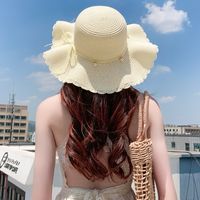 امرأة حلو رعوي كتلة اللون Bowknot جانب من الفطريات قبعة من القش sku image 4