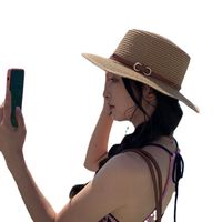 امرأة عطلة كتلة اللون طنف مسطح قبعة من القش main image 2