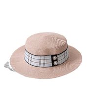 امرأة أسلوب بسيط يسافر يوميا الى العمل كتلة اللون رقعة قماشية طنف مسطح قبعة من القش main image 2