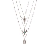 Retro Ethnic Style Cowboy Style Irregular Cactus Cattle Alloy Turquoise Copper Chain Tassel Layered Necklaces main image 5