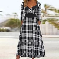 Adultes Robe Fourreau Robe À Carreaux Style Simple Col En V Impression Manche Longue Plaid Robe Mi-Longue Vacances Du Quotidien main image 1