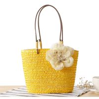 Femmes Paille Fleur Vacances Plage Tisser Fleurs Fil À Coudre Seau Chaîne De Caractères Sac À Main Sac De Paille sku image 2