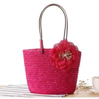 Femmes Paille Fleur Vacances Plage Tisser Fleurs Fil À Coudre Seau Chaîne De Caractères Sac À Main Sac De Paille sku image 5