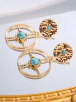 1 Pair Retro Ethnic Style Bohemian Geometric Round Plating Inlay Alloy Turquoise Drop Earrings main image 1