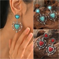 1 Pair Ethnic Style Heart Shape Inlay Alloy Turquoise Drop Earrings main image 1