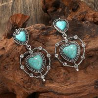 1 Pair Ethnic Style Heart Shape Inlay Alloy Turquoise Drop Earrings main image 3