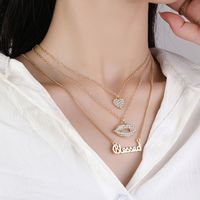 Wholesale Jewelry Glam Shiny Lips Letter Heart Shape Alloy Rhinestones Plating Inlay Three Layer Necklace sku image 1