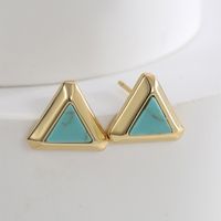 1 Pair Retro Simple Style Triangle Round Oval Plating Inlay Copper Turquoise Agate Tiger Eye 18k Gold Plated Ear Studs main image 4