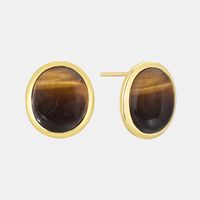 1 Pair Retro Simple Style Triangle Round Oval Plating Inlay Copper Turquoise Agate Tiger Eye 18k Gold Plated Ear Studs main image 8