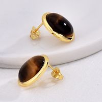 1 Pair Retro Simple Style Triangle Round Oval Plating Inlay Copper Turquoise Agate Tiger Eye 18k Gold Plated Ear Studs main image 9