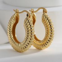 1 Pair Novelty Commute Shiny Solid Color Side Stripe Plating Pleated Copper 18k Gold Plated Hoop Earrings main image 4