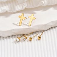 1 Set Simple Style Cross Round Plating Inlay 304 Stainless Steel Zircon 14K Gold Plated Ear Studs main image 6