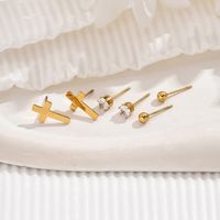 1 Set Simple Style Cross Round Plating Inlay 304 Stainless Steel Zircon 14K Gold Plated Ear Studs main image 3