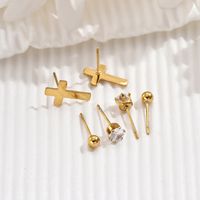 1 Set Simple Style Cross Round Plating Inlay 304 Stainless Steel Zircon 14K Gold Plated Ear Studs main image 5