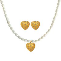 Lady Streetwear Heart Shape Freshwater Pearl Titanium Steel Plating Inlay Rhinestones 18k Gold Plated Women's Earrings Necklace main image 1