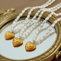Lady Streetwear Heart Shape Freshwater Pearl Titanium Steel Plating Inlay Rhinestones 18k Gold Plated Women's Earrings Necklace main image 2