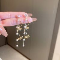 1 Pair Elegant Butterfly Plating Inlay Alloy Artificial Rhinestones Artificial Pearls Gold Plated Drop Earrings main image 3