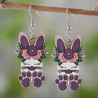 1 Pair Cute Retro Rabbit Printing Wood Drop Earrings sku image 4
