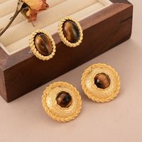 1 Pair Elegant Vintage Style French Style Round Oval Copper Tiger Eye 18k Gold Plated Ear Studs main image 8
