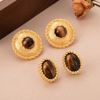 1 Pair Elegant Vintage Style French Style Round Oval Copper Tiger Eye 18k Gold Plated Ear Studs main image 4