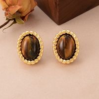 1 Pair Elegant Vintage Style French Style Round Oval Copper Tiger Eye 18k Gold Plated Ear Studs main image 6