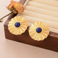 1 Pair Ig Style Flower Pleated Copper Natural Stone 18k Middle Ancient Gold Ear Studs main image 6