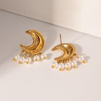 1 Pair IG Style Moon Plating 304 Stainless Steel Artificial Pearl Drop Earrings main image 3