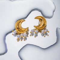 1 Pair IG Style Moon Plating 304 Stainless Steel Artificial Pearl Drop Earrings main image 1