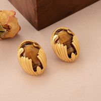 1 Pair Vintage Style Oval Water Ripples Copper Natural Stone 18k Gold Plated Ear Studs main image 6